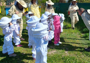 Dzieci w strojach pszczelich oglądają pasieke