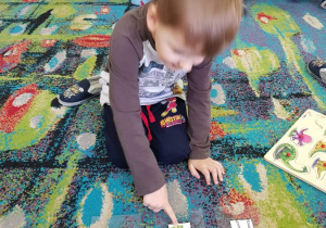 Chłopiec siedzi na dywanie przed obrazkami dinozaura