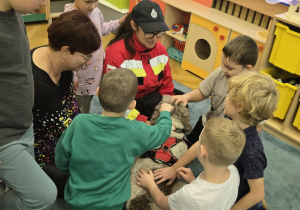 Dzieci głaszczą psy