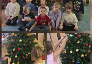 Zdjęcie grupowe z choinką. Dzieci ubierają choinkę