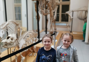 Dziewczynki stoją przy szkielecie